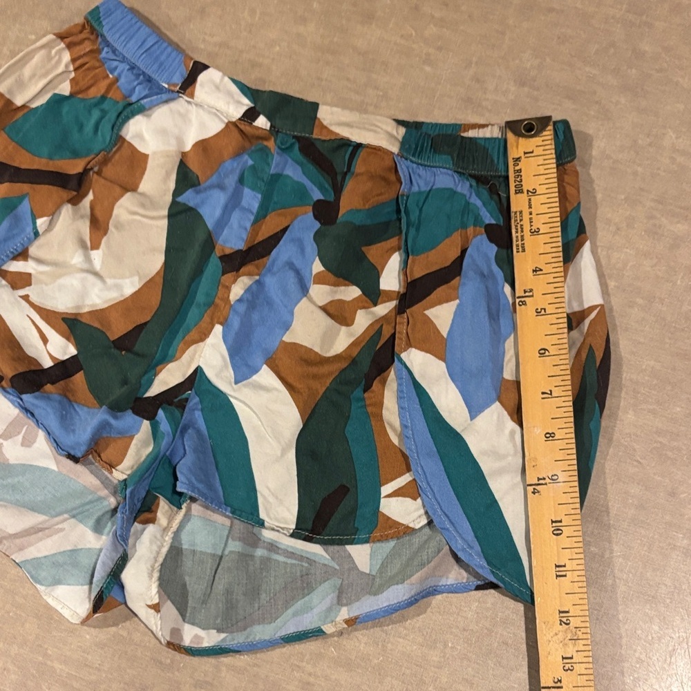 Multicolor Leaf-Print Athletic Shorts — Blue, Green & Brown -213sku - Picture 6 of 7